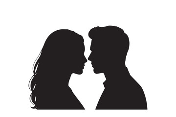Romantic couple facing each other in silhouette profile view isolated on white background