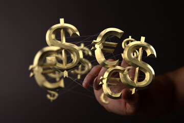 Hand interacting with 3D golden dollar and euro symbols.  Global finance, currency trading.
