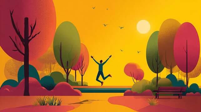 Colorful conceptual art of exercise scene with dynamic body movement and simplified outdoor shapes, suitable for fitness coaching, sports advertising and wellness events