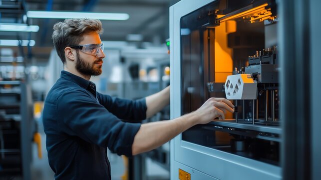 Technician skillfully maintaining a large-scale 3D printer in a factory, showcasing the intricate industrial process of modern manufacturing.