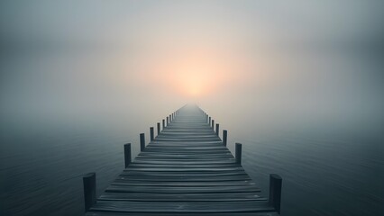 Obraz premium Foggy Lake Pier: Wooden Dock Leading into Misty Horizon at Sunrise.