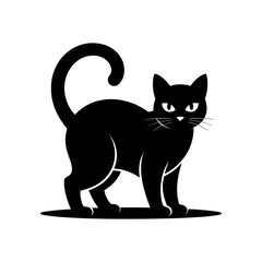 Enigmatic Feline Silhouette: A sleek, black cat with an arched tail and piercing gaze stands, capturing an aura of mystery and elegance. This artwork embodies the essence of feline charm. 