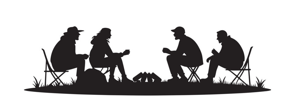 Four friends gathered around a campfire enjoying drinks and conversation in a silhouette style isolated on white background
