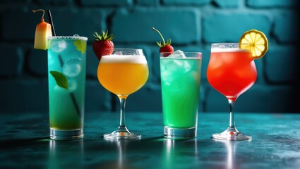 Colorful cocktails in glasses on a teal surface.
