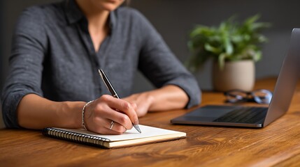 Woman writing in a notebook with a laptop and plant on a wooden desk