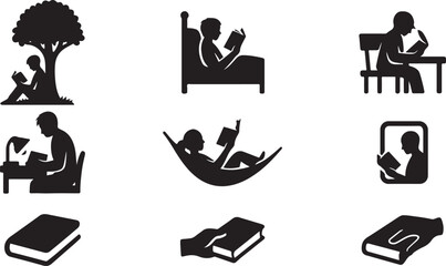 Diverse Reading Locations Silhouette Icons
