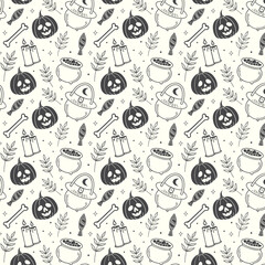Spooky halloween seamless pattern with pumpkins skulls witch hats and brooms