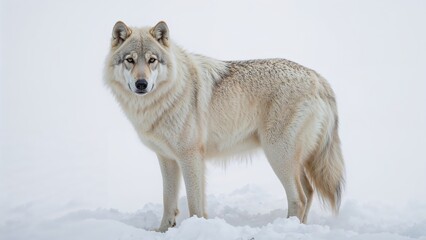 Fototapeta premium Arctic wolf standing in winter snow with a pale coat and alert expression against a white background looking directly at the camera