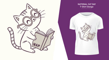 National Cat Day T Shirt Design A Cute Cartoon Cat Reading a Book Titled Nap cartoon