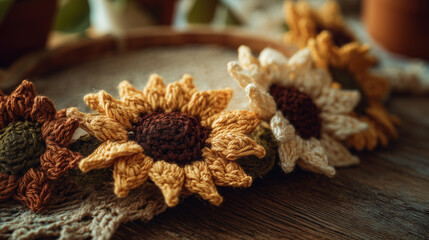 Crochet sunflower wreath in warm colors on wooden table  
