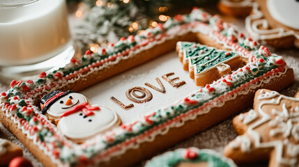 Gingerbread cookies decorated with "Love" on festive winter background  