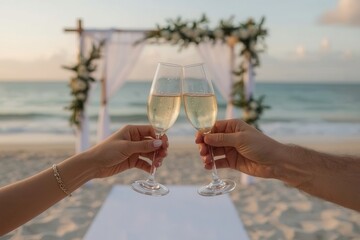 Celebrating love with a beachside toast; champagne flutes raised against the backdrop of the sea.