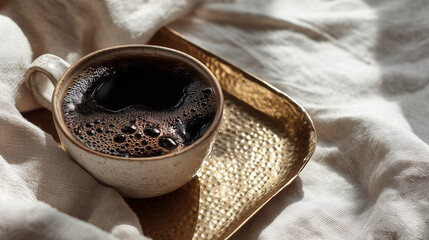 Coffee cup with black beverage on textured tray and white fabric  
