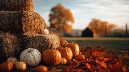 Harvest pumpkins and hay bales in autumn setting with foliage  