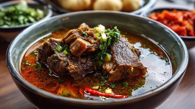 Bowl of rich, flavorful beef broth soup with chunks of tender meat and garnish