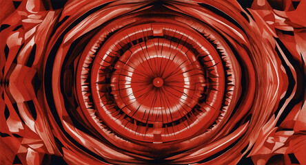 Hypnotic, symmetrical abstract artwork dominated by shades of red and black