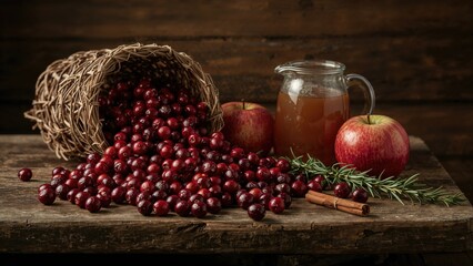 Cranberry Sauce with Apple and Cinnamon Cider on Wooden Surface