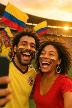Colombian Fans Taking Selfie at Golden Hour Game

