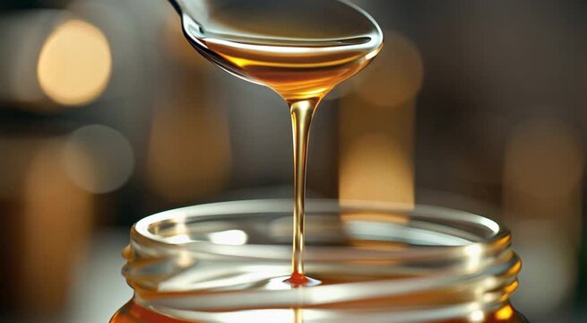 Golden honey flowing from a spoon into a jar capturing viscosity and sweetness