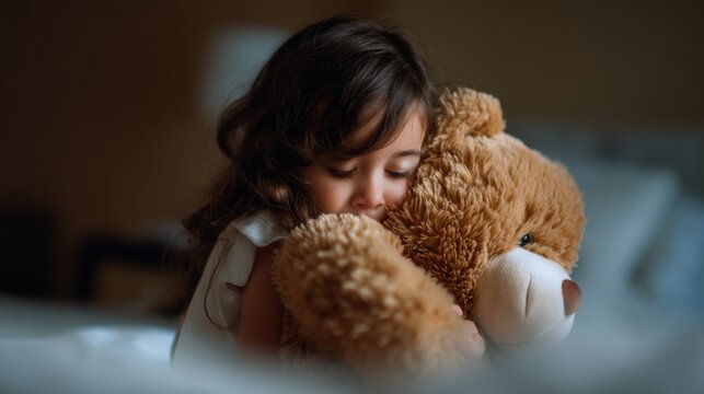 Child embraces large teddy bear, showcasing moment of comfort and affection. soft lighting creates warm atmosphere, highlighting bond between child and toy