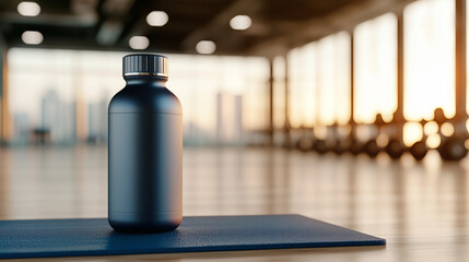 Black water bottle on yoga mat in spacious gym at sunset  