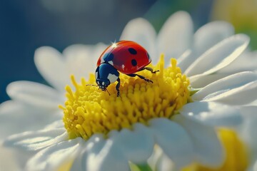 Obraz premium A ladybug feeding on a vibrant flower during a sunny spring afternoon in a garden