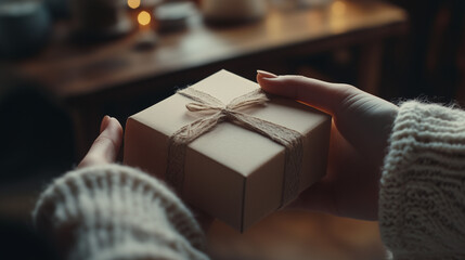 Person holding a gift box with twine indoors by a wooden table  