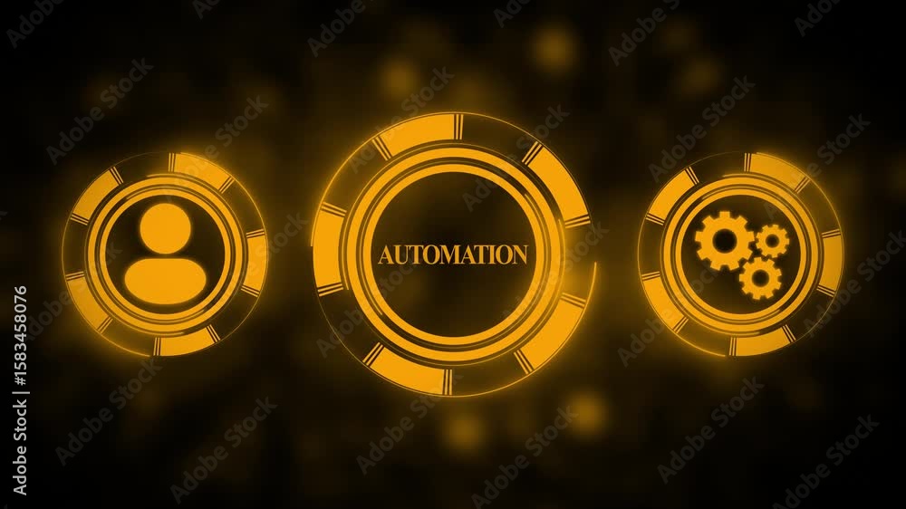 Poster automation concept illustration glowing circles with icons user interface gears and process