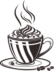 Hot espresso and tea beverages with steam in cups and mugs, perfect for a cozy cafe breakfast