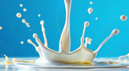 Close up of milk splash with droplets and beautiful crown shape against blue - Powered by Adobe