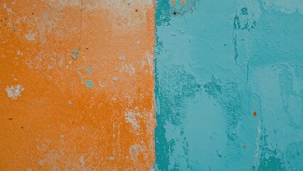 Faded wall displaying overlapping paint layers, orange covering blue