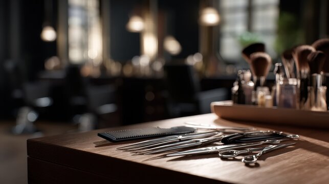 Well arranged collection of hairdressing tools including scissors, combs, and brushes on wooden salon table, creating professional and inviting atmosphere