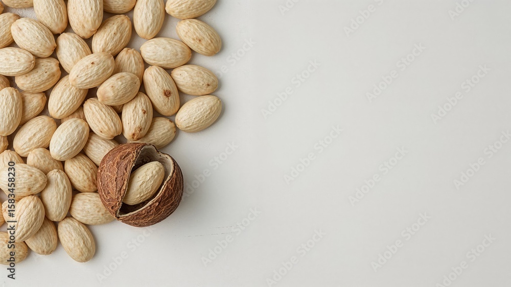Poster almonds in their shells placed on a rough white surface with blank space
