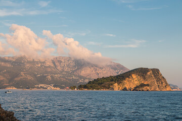 Budva's coastline and St Nicholas Island on the Adriatic Sea.