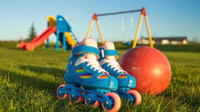 Blue roller skates and orange ball on grass at playground for kids outdoor activity fun time