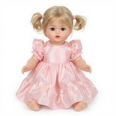 Fototapeta premium Blonde hair doll with pink dress, fair skin, and light eyes sitting in a white background setting.