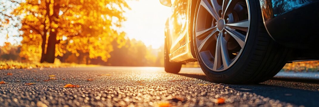 Closeup side view of car tires on asphalt road with soft golden glow of autumn sunset. ideal for use in automotive advertising, road safety campaigns, seasonal promotions - Powered by Adobe