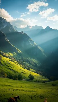 Morning Light Over Alpine Pasture With Horses and Distant Fortress