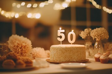 Celebration of a milestone birthday with a beautiful cake featuring number candles, surrounded by decorations and treats on a festive evening