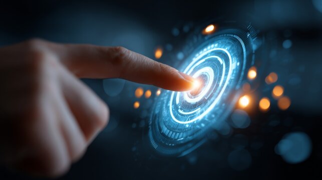 Close-up of index finger clicking on blue holographic projection AI button.