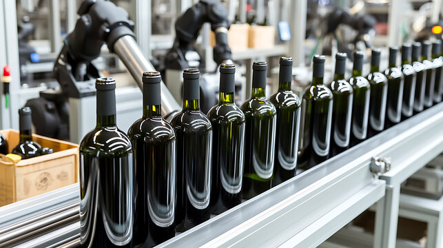 Automated Bottling: Rows of sealed glass bottles on a conveyor belt, showcasing modern wine production with robotic arms in the background.
