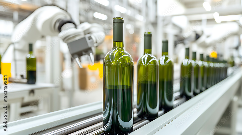 Poster wine bottles on an automated production line conveyer belt are about to be handled by an industrial 