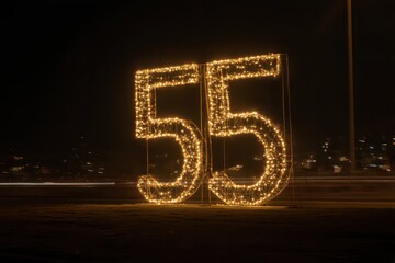 Illuminated number 55 shines brightly at night, perfect for celebrating birthdays and milestones in life