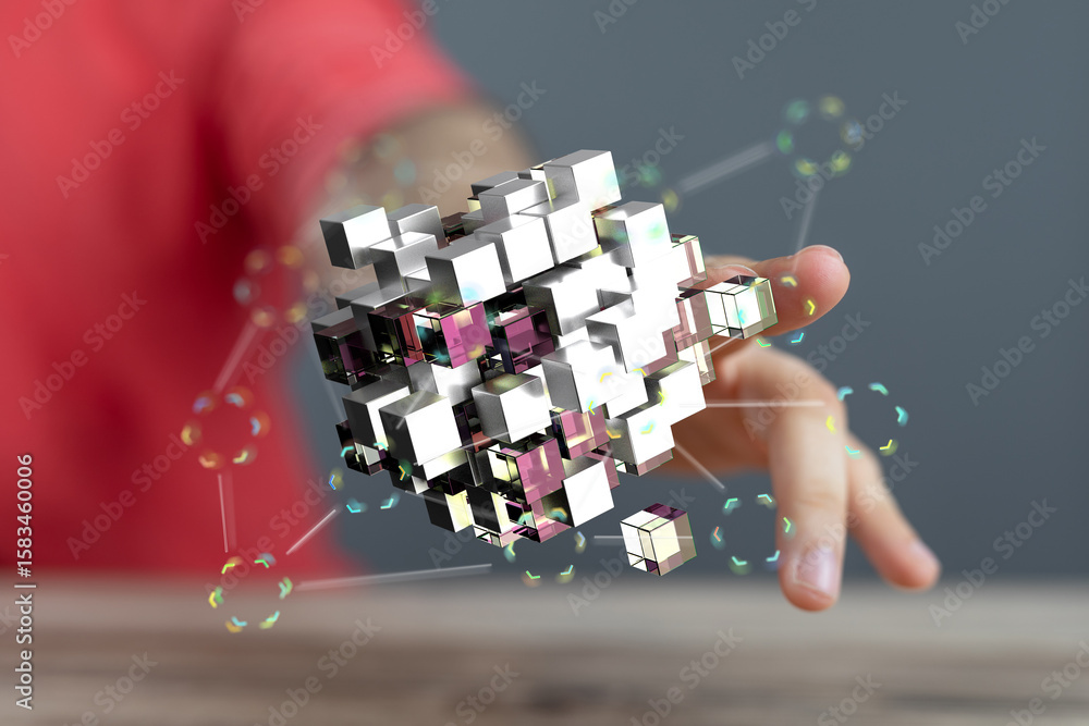 Poster abstract image of a person interacting with a 3d cube structure representing data or technology.