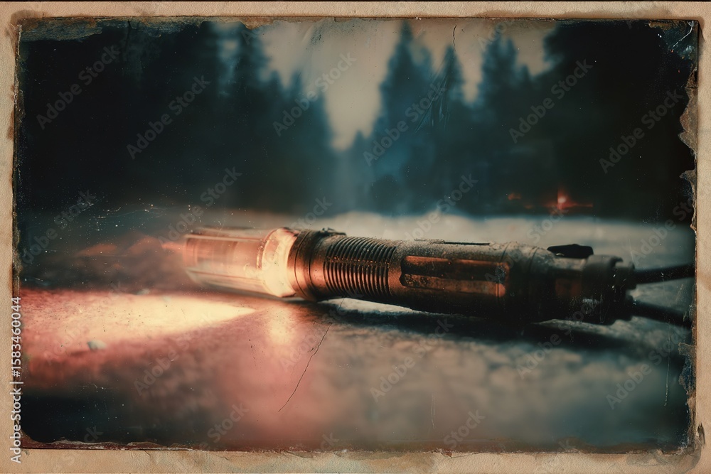Poster mysterious device rests on a wet road in a dark forest setting during early evening hours