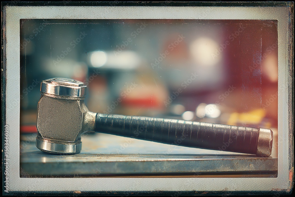 Poster heavy hammer rests on a workbench surrounded by tools in a workshop with soft lighting during late a