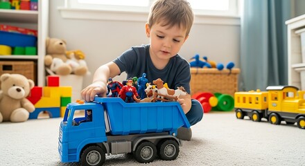 Young boy engrossed in imaginative play with a blue toy truck and action figures creating a