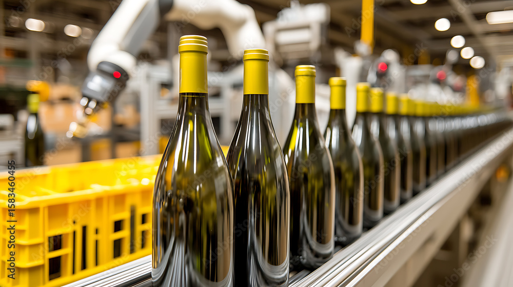 Poster automated wine bottling line. bottles move along a conveyor belt, processed by a robotic arm in a mo