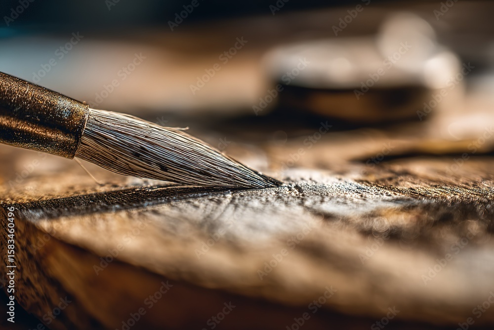 Poster close-up view of a paintbrush applying color to a wooden surface in a creative workspace during dayt