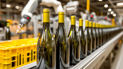 Automated wine bottling line. Bottles move along a conveyor belt, processed by a robotic arm in a modern factory. Focus on precision and quality in production.